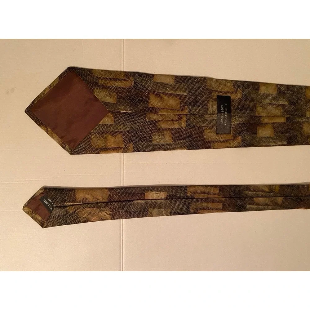 J. Ferrar Mens Silk Tie Brown Green Gold Geometric Made in Italy 4 Inch Width